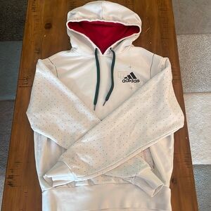 EUC adidas hoodie in cream with red and green details, size small